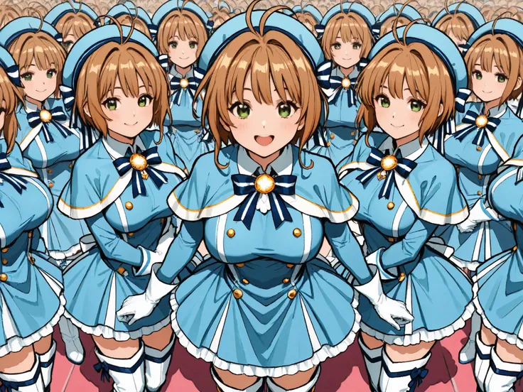 masterpiece,  top quality, wacky clothes , Big Breasts、Super Massive Multiplication of Clone Crowds, Super crowds to the end of the world、brown short hair, antenna hair, Bangs, stupid hair,   hair intake , green eyes , Clothes 2 , gloves,  light blue headw...