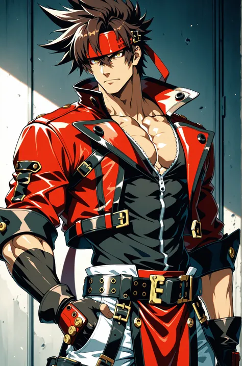 masterpiece, best quality, absurdres, newest, very aesthetic, amazing quality,highres, 1boy, male, Sol Badguy, brown hair, gold eyes, black vest, red jacket, belt, headband,ultra-detailed, intricate details
