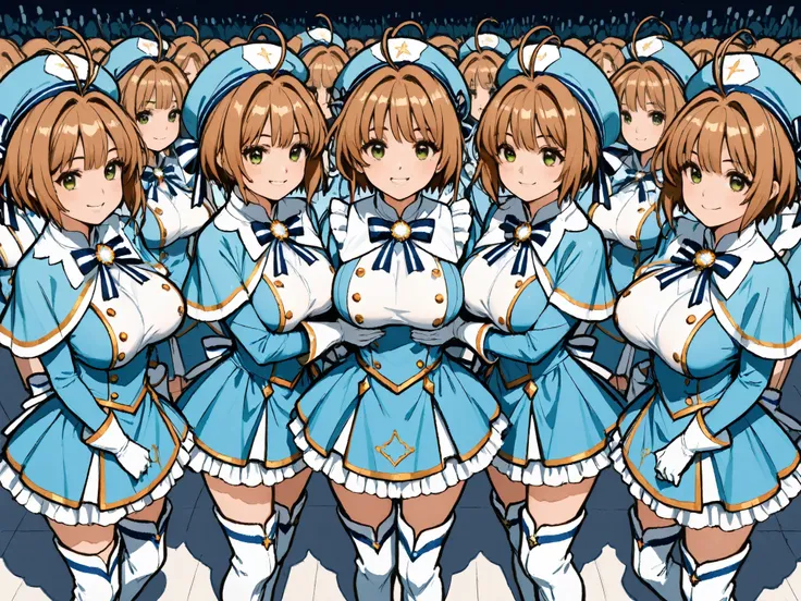 masterpiece,  top quality, wacky clothes , Big Breasts、Super Massive Multiplication of Clone Crowds, Super crowds to the end of the world、brown short hair, antenna hair, Bangs, stupid hair,   hair intake , green eyes , Clothes 2 , gloves,  light blue headw...