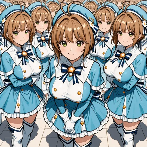 masterpiece,  top quality, wacky clothes , Big Breasts、Super Massive Multiplication of Clone Crowds, Super crowds to the end of the world、brown short hair, antenna hair, Bangs, stupid hair,   hair intake , green eyes , Clothes 2 , gloves,  light blue headw...