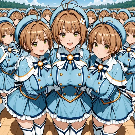 masterpiece, top quality, wacky clothes , Big Breasts、Super Massive Multiplication of Clone Crowds, Super crowds to the end of the world、brown short hair, antenna hair, Bangs, stupid hair, hair intake , green eyes , Clothes 2 , gloves, light blue headw...