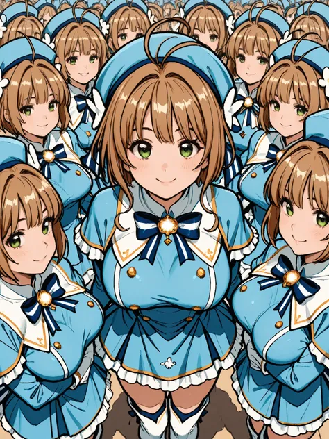 masterpiece, top quality, wacky clothes , Big Breasts、Super Massive Multiplication of Clone Crowds, Super crowds to the end of the world、brown short hair, antenna hair, Bangs, stupid hair, hair intake , green eyes , Clothes 2 , gloves, light blue headw...