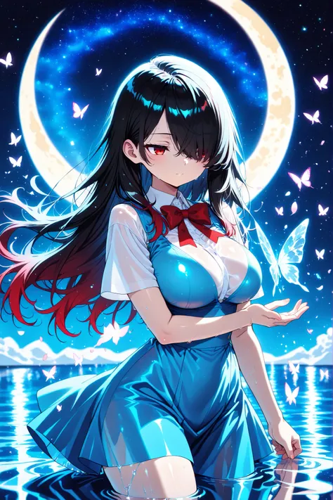 1 girl, Kuroki Monika, red eyes, gradient hair, black hair, red hair, long hair, asymmetrical hairline, hair over right eye, ((large breasts)), (petite but curvy), very cute, lovely, solo, standing, cirno, white shirt, white sleeves, short sleeves, blue p...