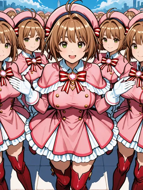 masterpiece, top quality, wacky clothes , Big Breasts、Super Massive Multiplication of Clone Crowds, Super crowds to the end of the world、brown short hair, antenna hair, Bangs, stupid hair, hair intake , green eyes , Clothes 2 , gloves, pink headwear ...