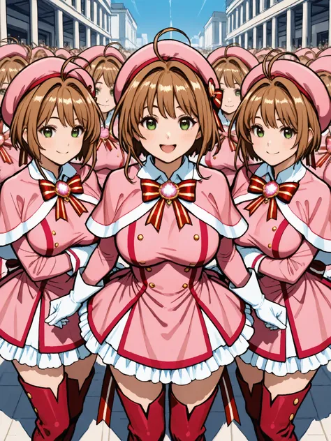 masterpiece, top quality, wacky clothes , Big Breasts、Super Massive Multiplication of Clone Crowds, Super crowds to the end of the world、brown short hair, antenna hair, Bangs, stupid hair, hair intake , green eyes , Clothes 2 , gloves, pink headwear ...