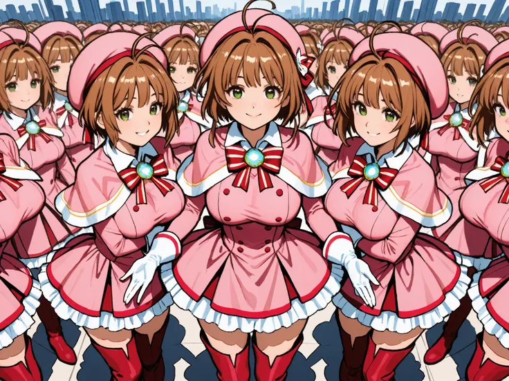 masterpiece, top quality, wacky clothes , Big Breasts、Super Massive Multiplication of Clone Crowds, Super crowds to the end of the world、brown short hair, antenna hair, Bangs, stupid hair, hair intake , green eyes , Clothes 2 , gloves, pink headwear ...