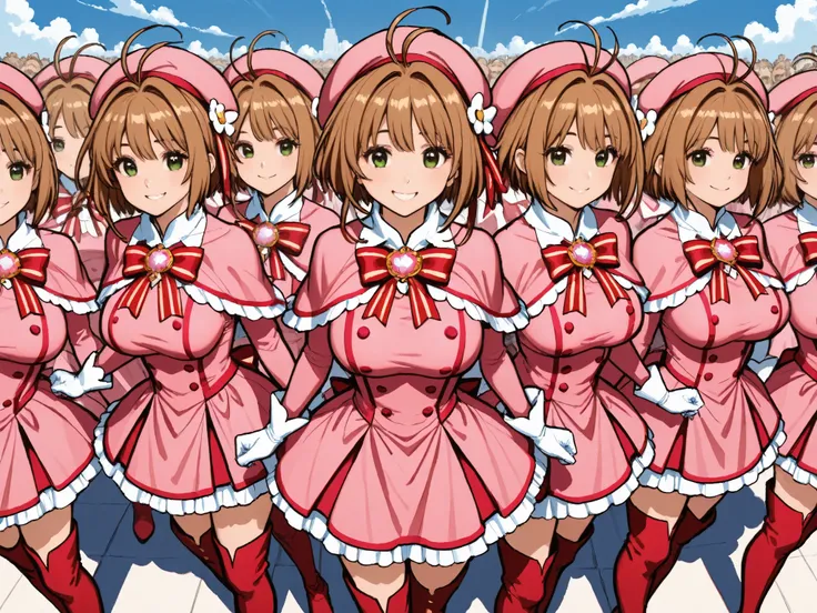 masterpiece,  top quality, wacky clothes , Big Breasts、Super Massive Multiplication of Clone Crowds, Super crowds to the end of the world、brown short hair, antenna hair, Bangs, stupid hair,   hair intake , green eyes , Clothes 2 , gloves,   pink headwear  ...