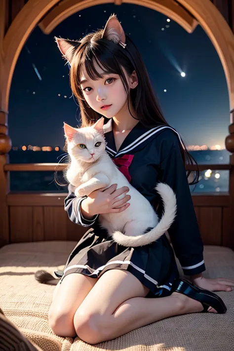  photo quality、8k、night sky、lots of stars、moonlight、miniskirt over GPT、beautiful cute sailor suit、girl with cat ears(Cuddle a cat)、Positive、full body