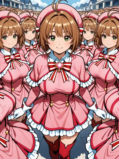 masterpiece,  top quality, wacky clothes , Big Breasts、Super Massive Multiplication of Clone Crowds, Super crowds to the end of the world、brown short hair, antenna hair, Bangs, stupid hair,   hair intake , green eyes , Clothes 2 , gloves,   pink headwear  ...