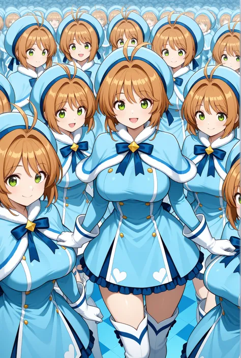 masterpiece, top quality, wacky clothes , Big Breasts、Super Massive Multiplication of Clone Crowds, brown short hair, antenna hair, Bangs, stupid hair, hair intake , green eyes , Clothes 2 , gloves, light blue headwear , light blue capelets, Light Blue...