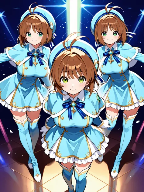 masterpiece,  top quality, wacky clothes , Big Breasts、Clone alter ego、brown short hair, antenna hair, Bangs, stupid hair,   hair intake , green eyes , Clothes 2 , gloves,  light blue headwear , light blue capelets, Light Blue Dress, long sleeve, Light Blu...
