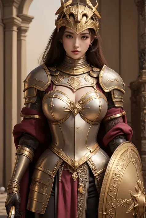 Women like Joan of Arc、Knights, golden armour,Gold Armor,With a sword and shield,Royal style,Comic style, , Sub-surface scattering, ornate detail, nature backdrop, Hyper-realistic, Cinematic, Dramatic Lighting, masutepiece、Armor and helmet with wolf motif、...