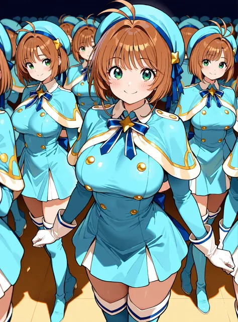 masterpiece,  top quality, wacky clothes , Big Breasts、Super Massive Multiplication of Clone Crowds, brown short hair, antenna hair, Bangs, stupid hair,   hair intake , green eyes , Clothes 2 , gloves,  light blue headwear , light blue capelets, Light Blue...