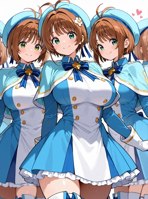 masterpiece,  top quality, wacky clothes , Big Breasts、Super Massive Multiplication of Clone Crowds, brown short hair, antenna hair, Bangs, stupid hair,   hair intake , green eyes , Clothes 2 , gloves,  light blue headwear , light blue capelets, Light Blue...