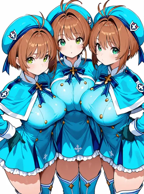 masterpiece, Highest Quality, wacky clothes , Big Breasts、Twins proliferate massively, brown short hair, antenna hair, Bangs, stupid hair,   hair intake , green eyes , Clothes 2 , gloves,  light blue headwear , light blue capelets, Light Blue Dress, long s...