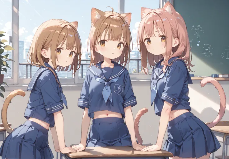 
high image quality、High Quality、8ｋ、4ｋ、Classroom、On the desk、lies down、Young girl、 lori、 lori体形、Juvenile body、sailor suit、Cat ears、 cat tail、three girls、looks sleepy、 defenseless、rolled up skirt、rolled up skirt、, belly button visible