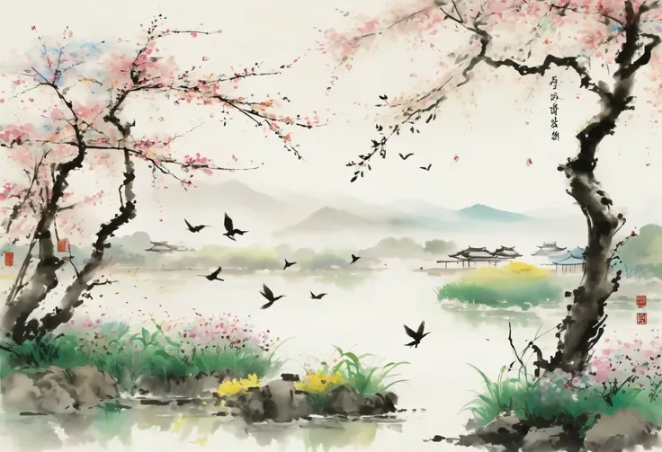 Peaceful Spring Sleep , Never Dawn . Anywhere, Sweet Singing of Birds Fill the Air . Scattered Flowers Resonate Faintly at Night , Leaves Traces of Passing . Scattered Flowers Cover the Ground , Proof of countless scattered flowers . dreamy scene thr...