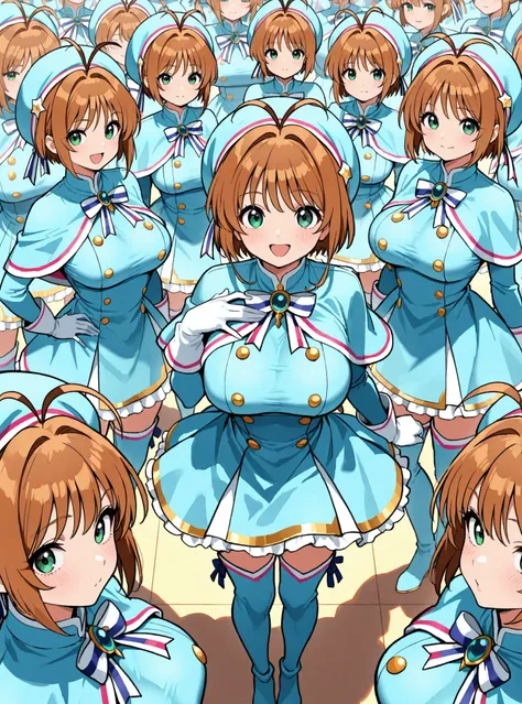 masterpiece, Highest Quality, wacky clothes , Big Breasts、Clone Mass Multiplication, Clone Super Crowd, brown short hair, antenna hair, Bangs, stupid hair,   hair intake , green eyes , Clothes 2 , gloves,  light blue headwear , light blue capelets, Light B...