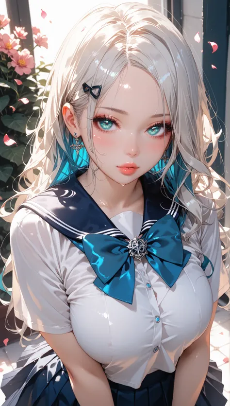 Voluptuous woman, beautiful handsome woman, beautiful detailed eyes, aqua eyes, glossy lips, gorgeous woman, pale skin, (voluminous hair, parted bangs), flowing hair, gothic, long hair, hair clip, platinum hair with Gold highlight, light hair, multicolored...