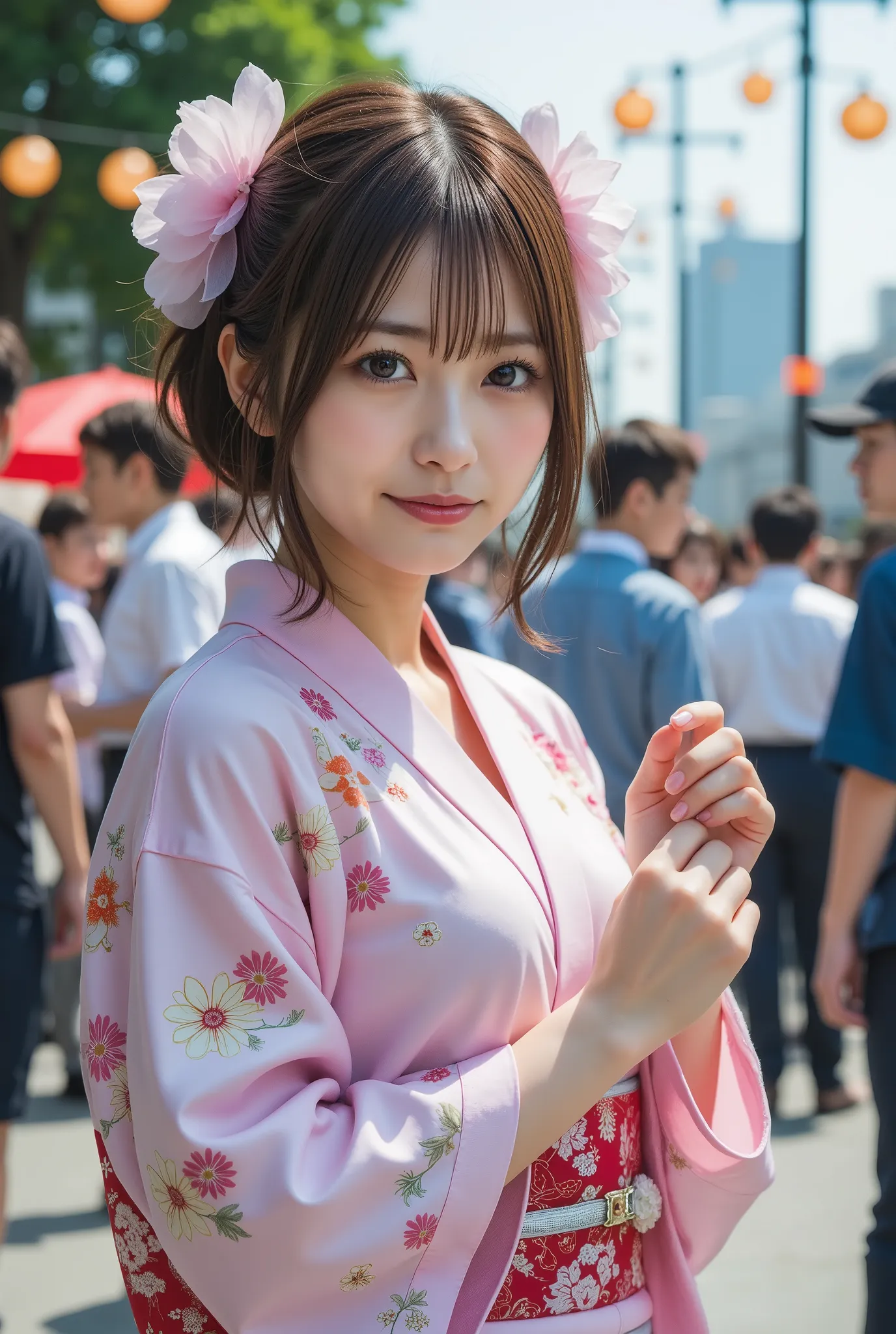 fireworks display 、空に fireworks、Yukata Beauty、Unfolding fireworks、Night Sky、in 8K、Best Quality:1.4, 超A high resolution:1.5, (photorealistic:1.4),masterpiece:1.2,(top-quality:1.4)、Raw photo、1a japanese girl、Cute、 (RAW Photo:1.2), (Photorealistic:1.4), bea...