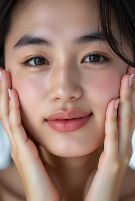 extreme close-up portrait, beautiful girl with her love-struck, radiant face filling the entire frame (95% face ratio), gently placing both open hands on her flushed cheeks with soft fingers, soft black camisole, white blurred background, eyes dreamy and h...