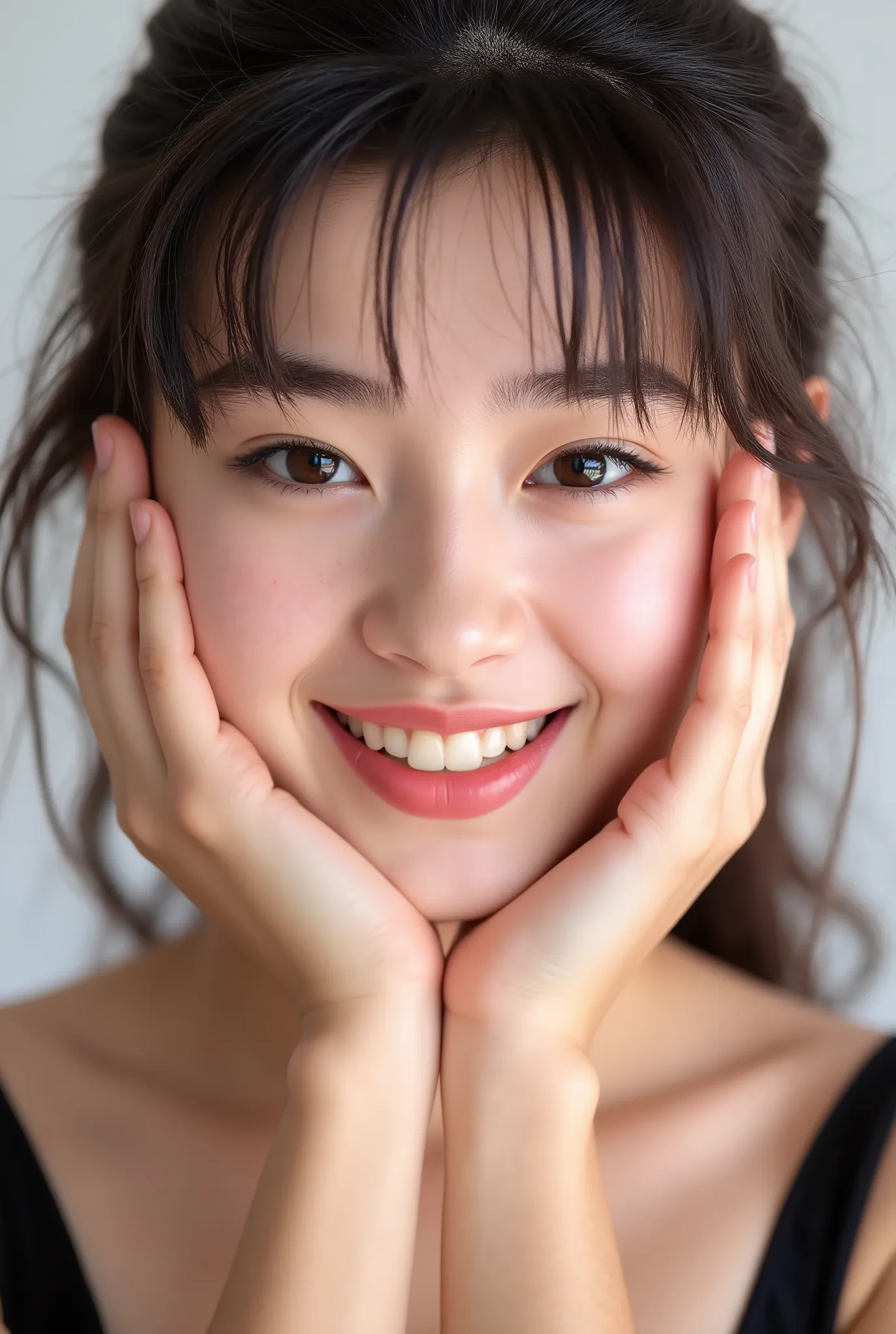 extreme close-up portrait, beautiful girl with her love-struck, radiant face filling the entire frame (95% face ratio), gently placing both open hands on her flushed cheeks with soft fingers, soft black camisole, white blurred background, eyes dreamy and h...