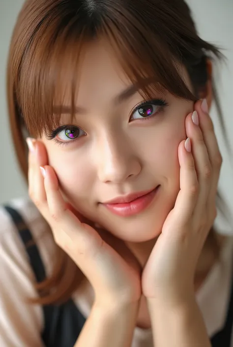 extreme close-up portrait, beautiful girl with her love-struck, radiant face filling the entire frame (95% face ratio), gently placing both open hands on her flushed cheeks with soft fingers, soft black camisole, white blurred background, eyes dreamy and h...