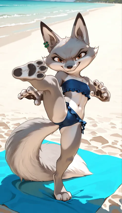 score_9, score_8_up, score_7_up, source_furry, best quality, amazing quality, detailed background, masterpiece, 1girl, looking at viewer, solo, ((blue frilly bundeau bikini)), zhen, fox girl, fox ears,brown eyes, two tone body fur, gray body fur, white bod...