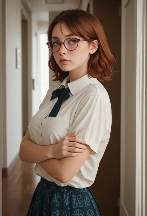 The corridor in the building is lit with golden light. Half-body shot of a woman in a rolled-up shirt, arms crossed, looking away with a sullen face. A bow at the collar of her shirt and her short, reddish brown hair curled around her face. Glasses, freckl...