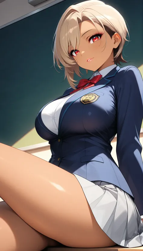 Female 1, (Mirai Edosaki, brown skin:1.6, red eyes), upward gaze, back view, sit, Butt low angle, a fluttering skirt, light brown hair, short hair, undercut, asymmetrical hair, beautiful eyes, beautiful lips, Very Detailed目と顔, long eyelashes, beautiful big...