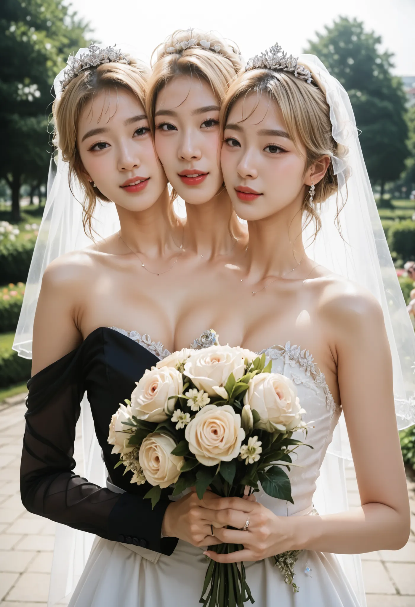 young woman with two heads, korean, bride and groom, blonde hair, grinning, one woman is wearing a wedding dress but the other woman is wearing a black suit, holding a bouquet, outdoor wedding venue, close-up of heads and shoulders, two women are very clos...