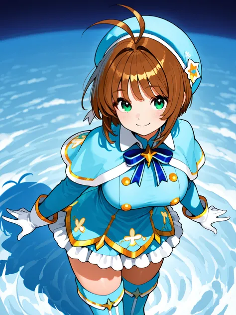 masterpiece,  top quality, wacky clothes , Big Breasts、MySelfClone User's List、brown short hair, antenna hair, Bangs, stupid hair,   hair intake , green eyes , Clothes 2 , gloves,  light blue headwear , light blue capelets, Light Blue Dress, long sleeve, L...