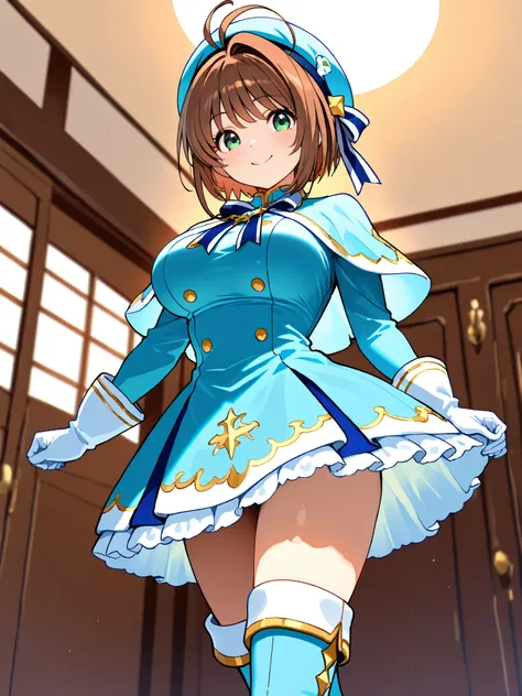 masterpiece,  top quality, wacky clothes , Big Breasts、Clonal proliferation depiction、brown short hair, antenna hair, Bangs, stupid hair,   hair intake , green eyes , Clothes 2 , gloves,  light blue headwear , light blue capelets, Light Blue Dress, long sl...