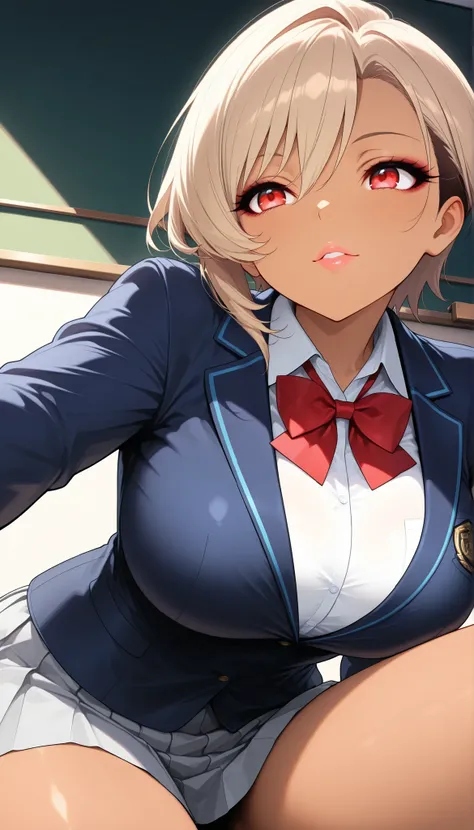 Female 1, (Mirai Edosaki, brown skin:1.6, red eyes), upward gaze, back view, sit, Butt low angle, a fluttering skirt, light brown hair, short hair, undercut, asymmetrical hair, beautiful eyes, beautiful lips, Very Detailed目と顔, long eyelashes, beautiful big...