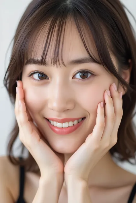 extreme close-up portrait, beautiful girl with her love-struck, radiant face filling the entire frame (95% face ratio), gently placing both open hands on her flushed cheeks with soft fingers, soft black camisole, white blurred background, eyes dreamy and h...