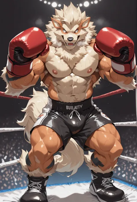 4K, masterpiece quality, pov_boxing, bravely Looking down on the losers, black boxing shoes, red boxing gloves, black boxing shorts with gold embrems, bulge, full body, depth of field, boxing, wildly posing with his chest out, fist pump pose with arms risi...