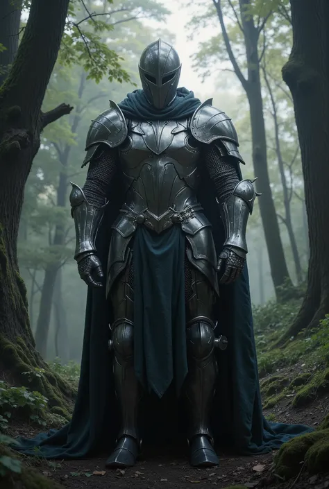 Medieval knight standing in an imposing position in shining armor while trees in the background sway softly, medium plane camera moving slowly forward, photographic realism with soft and dark lighting.