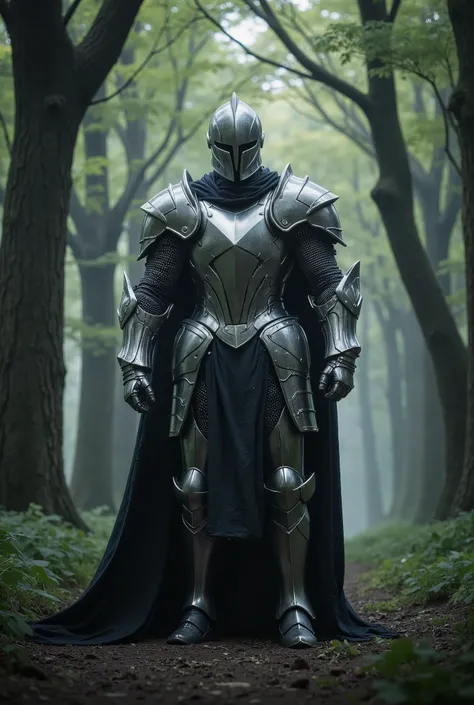 Medieval knight standing in an imposing position in shining armor while trees in the background sway softly, medium plane camera moving slowly forward, photographic realism with soft and dark lighting.