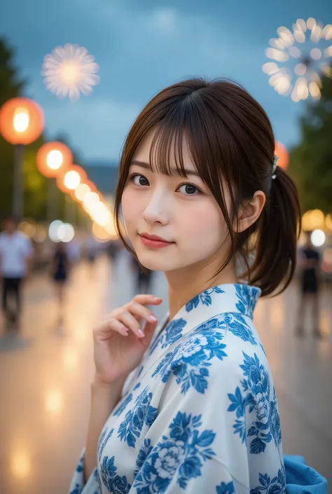 fireworks display 、空に fireworks、Yukata Beauty、Unfolding fireworks、Night Sky、in 8K、Best Quality:1.4, 超A high resolution:1.5, (photorealistic:1.4),masterpiece:1.2,(top-quality:1.4)、Raw photo、1a japanese girl、Cute、 (RAW Photo:1.2), (Photorealistic:1.4), bea...