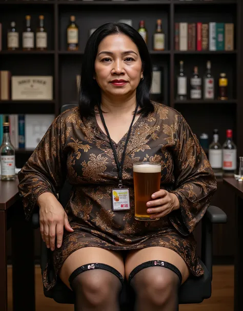 " 1woman, 55 Years Old, Indonesian Mature Woman, (((Doctor))), (((Tight Gamis))), ((Large breast:1.6)), full body, Curvy body, realistic skin texture, shiny skin, Hidden Bar, black thighhighs, garter straps, , id card, lanyard, Wearing Lingerie, perfect bo...