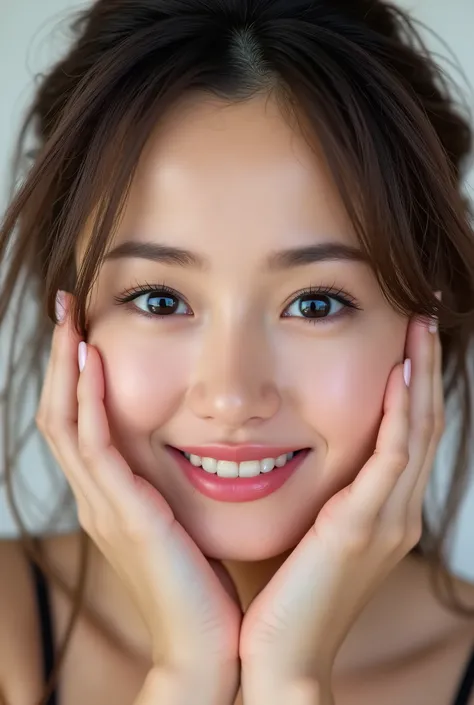 extreme close-up portrait, beautiful girl with her love-struck, radiant face filling the entire frame (95% face ratio), gently placing both open hands on her flushed cheeks with soft fingers, soft black camisole, white blurred background, eyes dreamy and h...