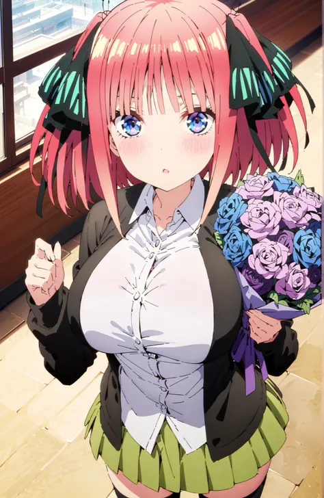score_9, score_8_up, score_7_up, source_anime, Nijino Nino , short hair,, bungs, blue eyes, hair ornament that grabs Narmaya's chest, hair bow, pink hair, blunt bungs, Big Breasts,ツーサイドup, butterfly hair ornament that grabs Narmaya's chest,in their 40s sk...