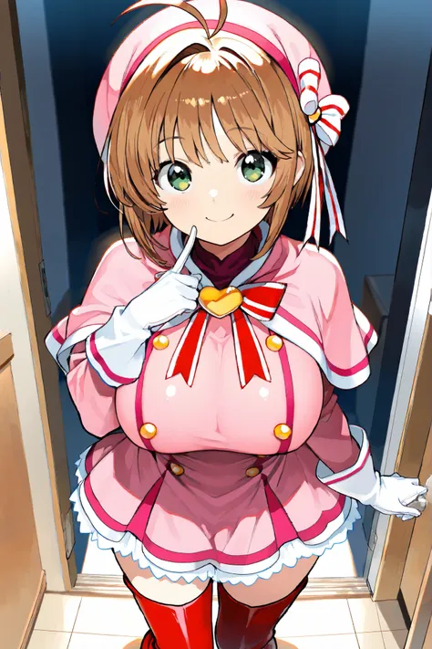 masterpiece,  top quality, wacky clothes , Big Breasts、brown short hair, antenna hair, Bangs, stupid hair,   hair intake , green eyes , Clothes 2 , gloves,   pink headwear  , Pink Capelets, pink dress, long sleeve, Red Thigh Boots,  Red Striped Ribbons, su...