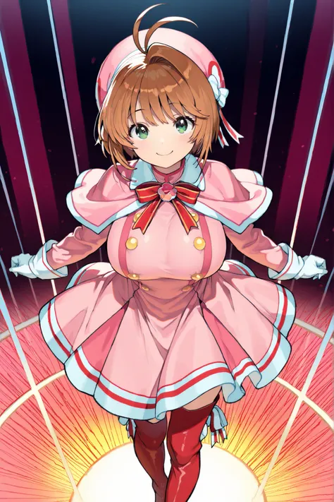 masterpiece,  top quality, wacky clothes , Big Breasts、brown short hair, antenna hair, Bangs, stupid hair,   hair intake , green eyes , Clothes 2 , gloves,   pink headwear  , Pink Capelets, pink dress, long sleeve, Red Thigh Boots,  Red Striped Ribbons, su...