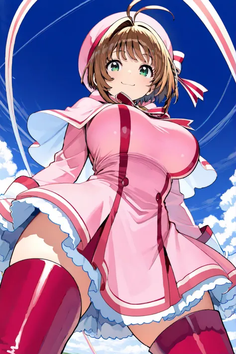 masterpiece,  top quality, wacky clothes , Big Breasts、brown short hair, antenna hair, Bangs, stupid hair,   hair intake , green eyes , Clothes 2 , gloves,   pink headwear  , Pink Capelets, pink dress, long sleeve, Red Thigh Boots,  Red Striped Ribbons, su...
