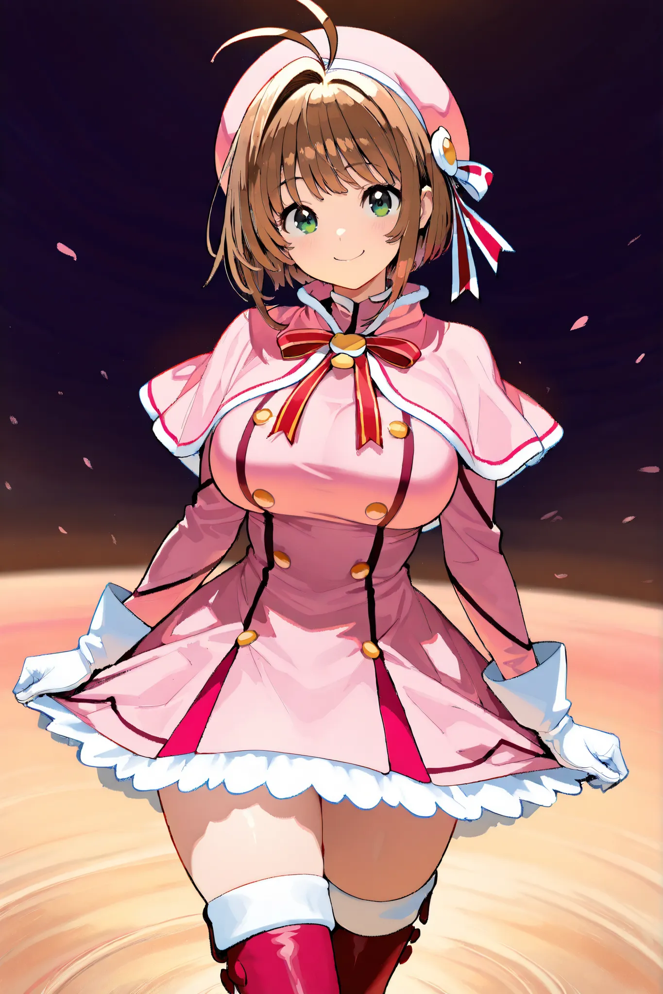masterpiece,  top quality, wacky clothes , Big Breasts、brown short hair, antenna hair, Bangs, stupid hair,   hair intake , green eyes , Clothes 2 , gloves,   pink headwear  , Pink Capelets, pink dress, long sleeve, Red Thigh Boots,  Red Striped Ribbons, su...