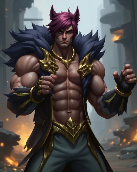 A hyper-realistic digital painting of Sett from League of Legends, standing in a powerful fighting stance. His muscular physique is tense, veins visible, and his face shows a mix of rage and superiority. His fists are clenched, and he's shirtless, with his...