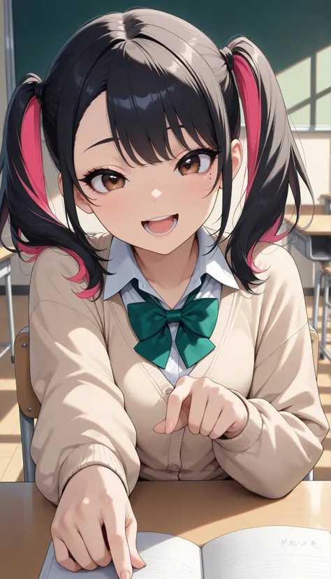 Female 1,  laugh,  open your mouth,  pointing pose ,  beautiful shining eyes, luscious lips from nastiness, extremely detailed eyes and face, long eyelashes, beige cardigan, shirt, bright green bow tie , sitting in a chair, Classroom background , quiet,  l...
