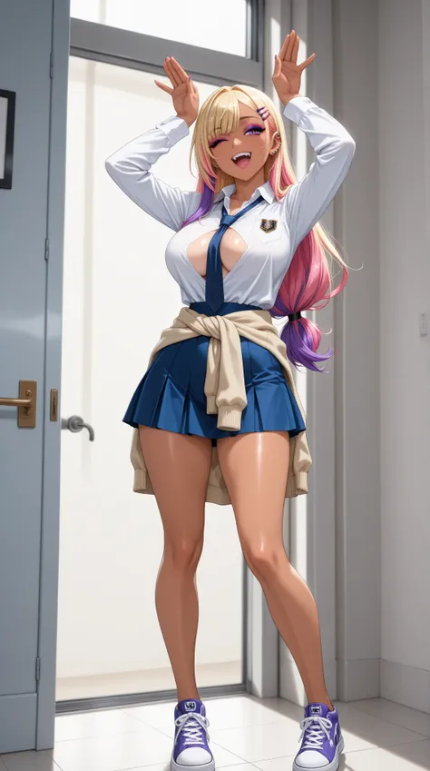 1 sexy gal female, solo, (masterpiece, top quality, highly detailed, incredibly high resolution, high quality anime drawing), (casually worn school uniform white shirt, shirt tie, long sleeves, royal blue short skirt, top tied around waist, sneakers, multiple piercings, hair clip, accessories), (multicolored hair, blonde hair, pink hair, purple hair, purple eyes, half-open droopy eyes, heavy makeup, eyeshadow, ^_^ and one eye closed and (laughing:1.5), glossy lips, tanned skin, large breasts, beautiful legs, perfect female proportions), (bunny pose), (super beautiful detailed background, sexy cutout, rim lighting, random perspective)