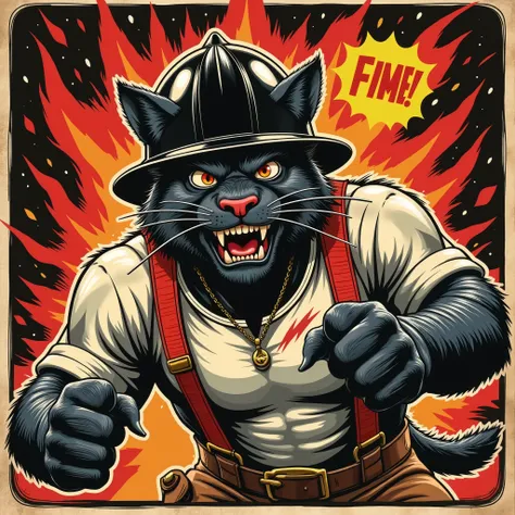 Vintage 70s action comic book cover, Vector Style, lowbrow art, A fierce, untamed muscular anthropomorphic black feral cat with wild eyes, sharp claws, and a rugged appearance. The cat looks serious and confident, symbolizing strength, fearlessness . He is...